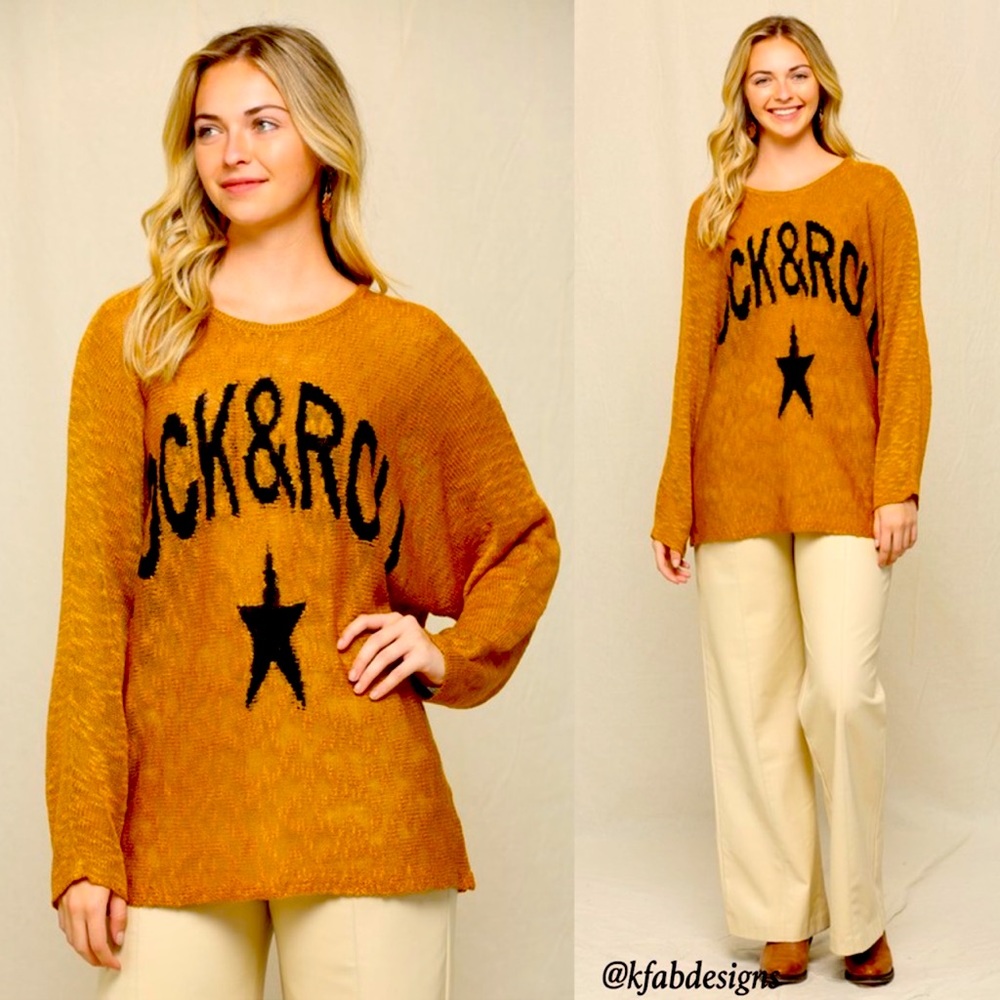 B125🧡🤎Rock-n-roll lightweight sweater top w/loose round neck+relaxed fit🤎🧡